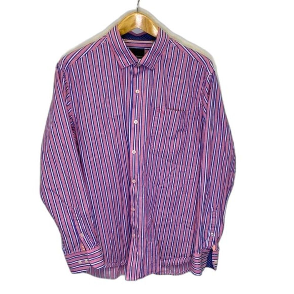 Tommy Bahama Red White and Blue Striped Pima Long Sleeve Dress Shirt Size L